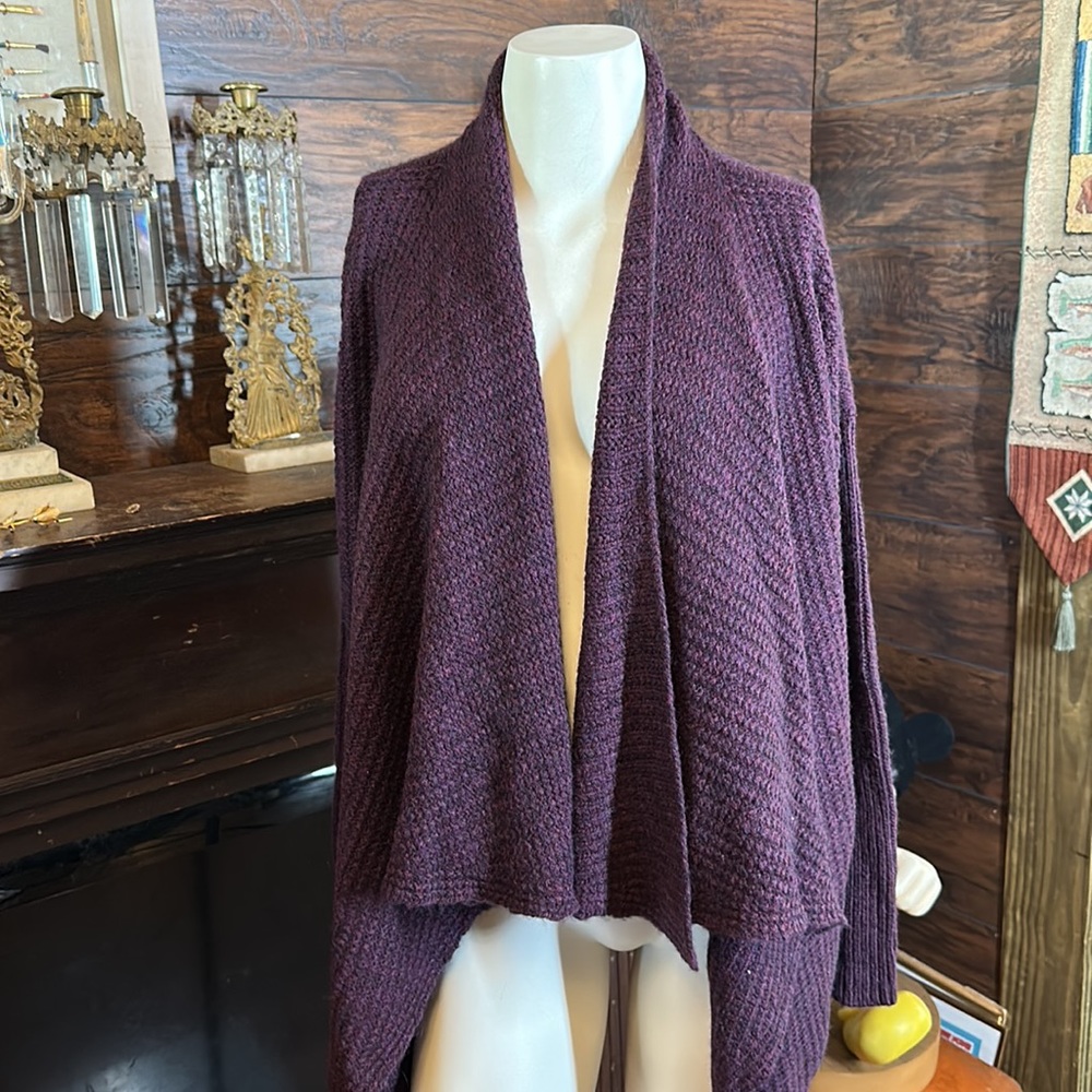 Eileen Fisher Cardigan chunky soft knit purple marled wool camel nylon